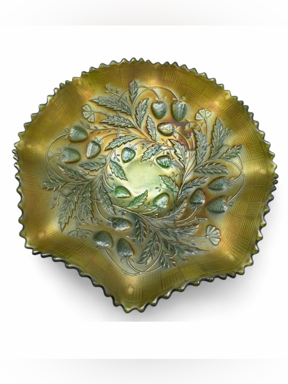 Northwood Antique Green Carnival Glass Strawberry Basketweave Ruffle Edge Bowl